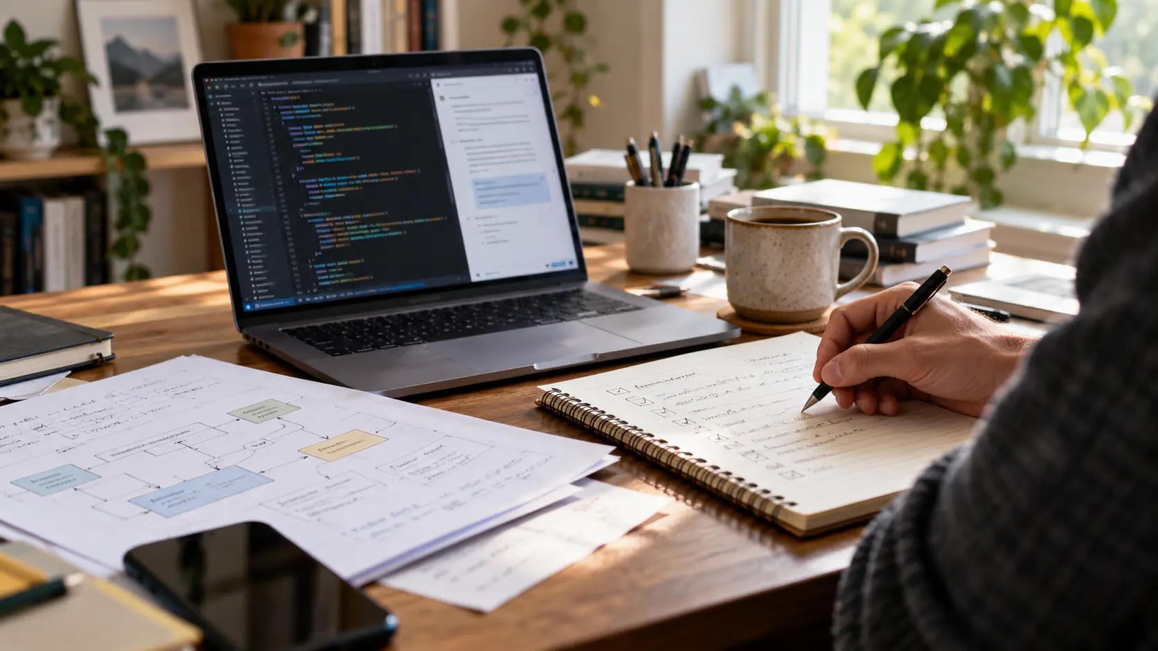 A developer reviewing architecture notes and code before continuing implementation with an AI assistant