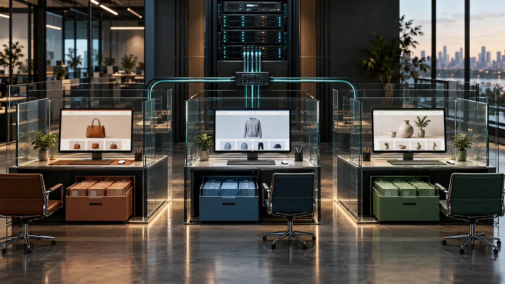 One shared infrastructure serving three isolated e-commerce stores